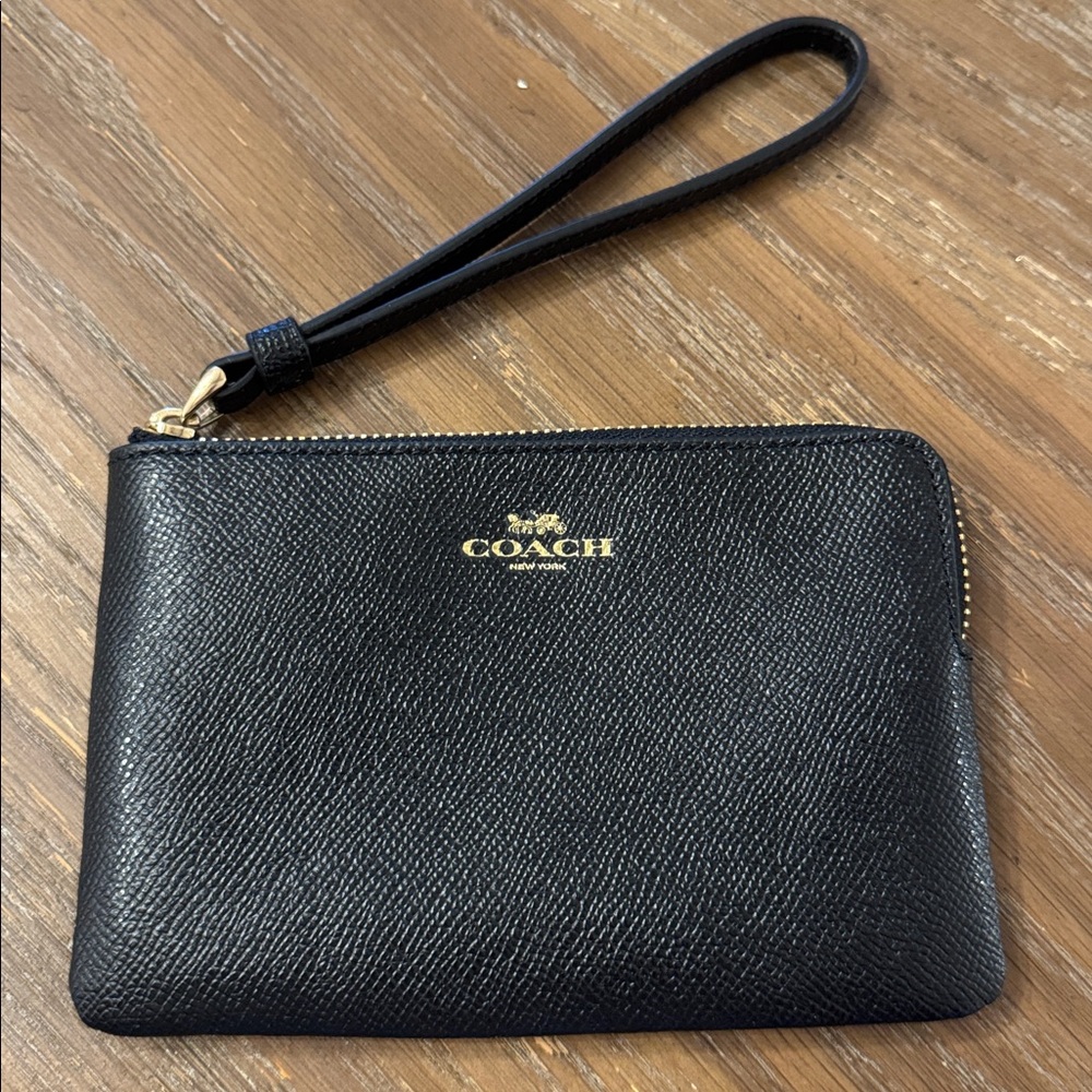 Coach Black Textured Wristlet with Gold Accents